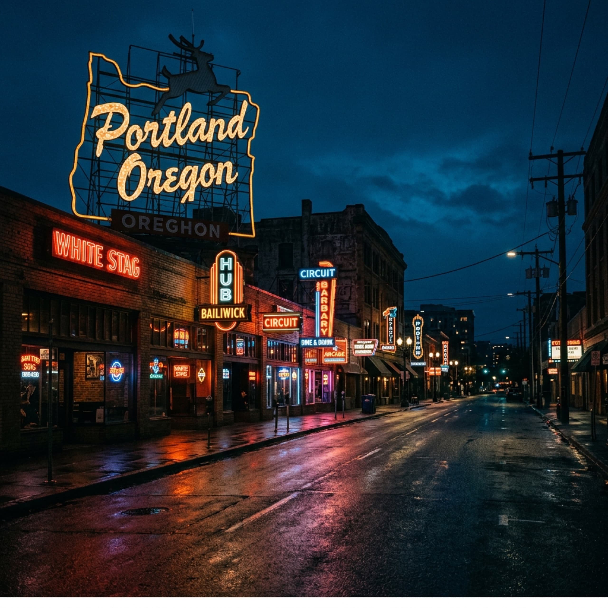 Portland Oregon neon sign district at night with vintage signs and warm lighting, representing brand identity design services