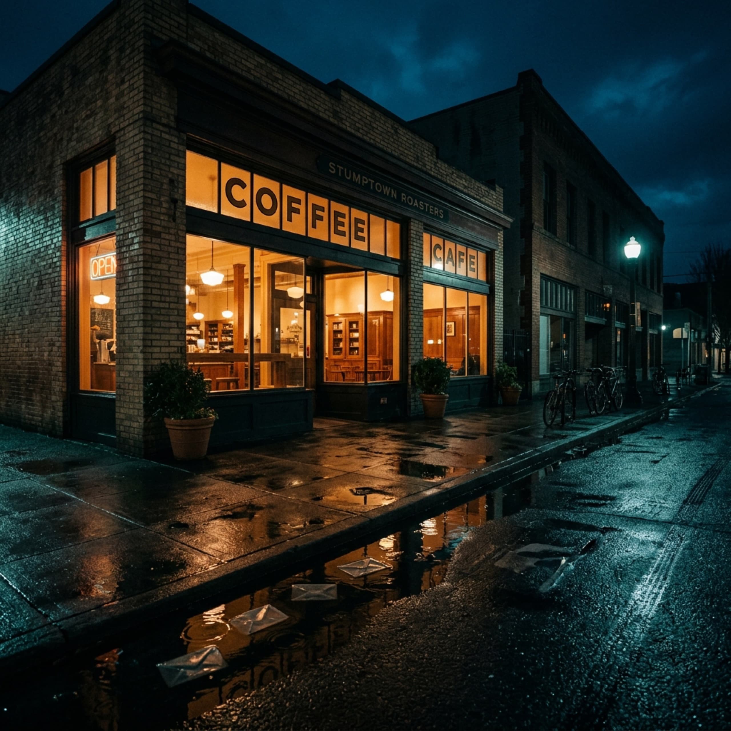 Portland Oregon coffee shop storefront at night with warm interior glow spilling onto wet sidewalk, representing email marketing services