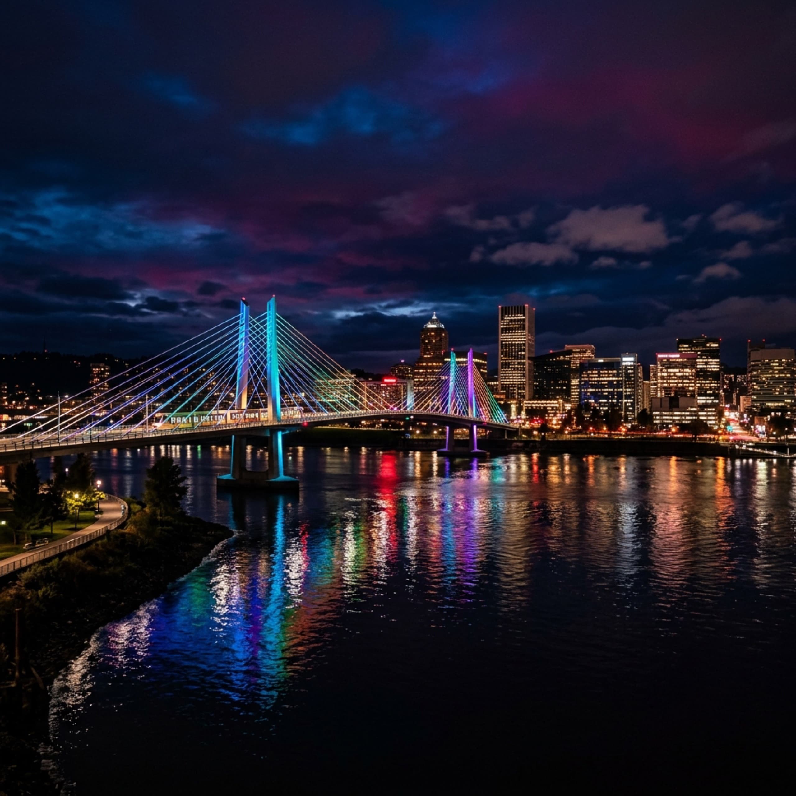 Portland Oregon Tilikum Crossing bridge at night with colorful LED lights reflecting on the Willamette River, representing social media advertising services