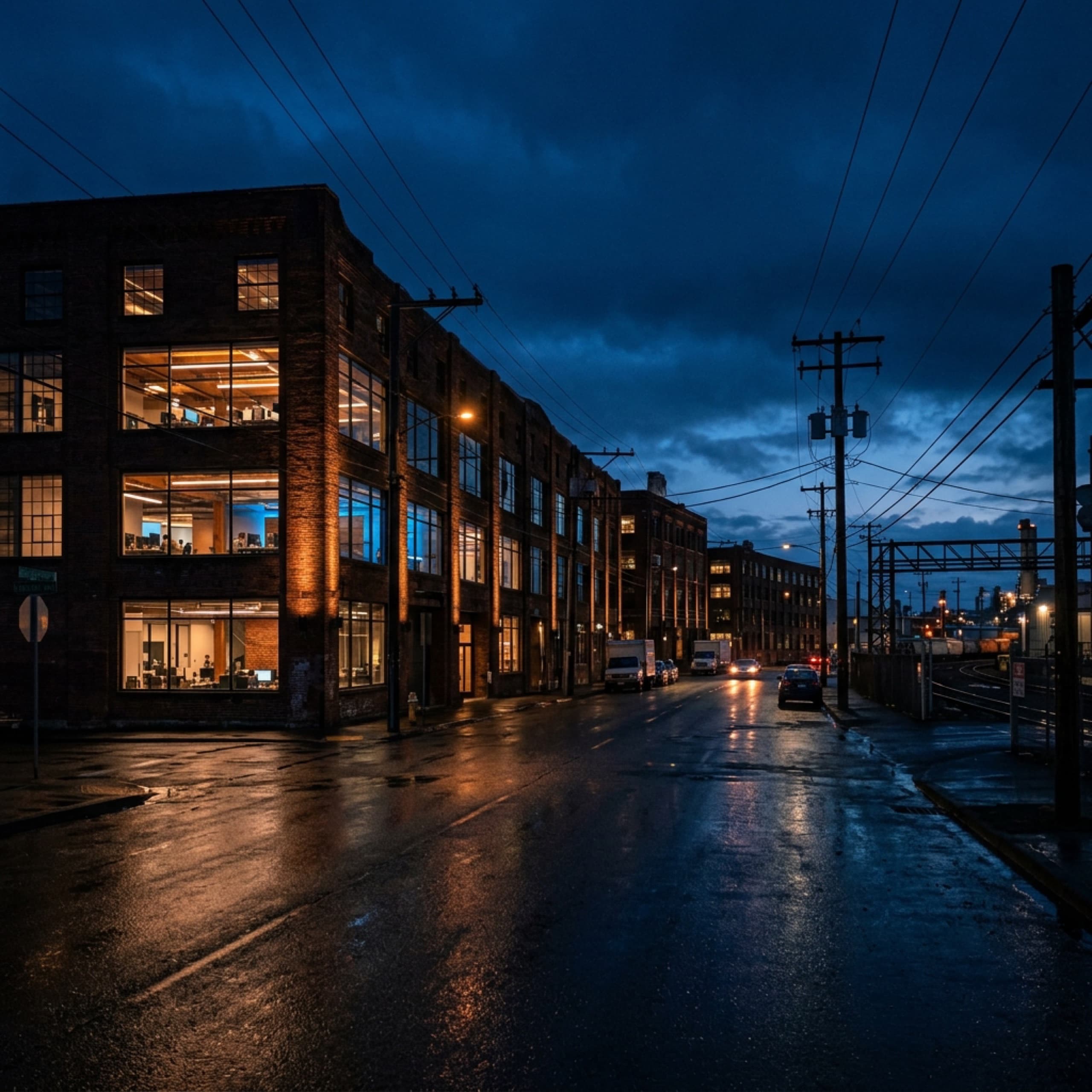 Portland Oregon industrial district at night with brick warehouse buildings housing modern tech offices, representing website maintenance services