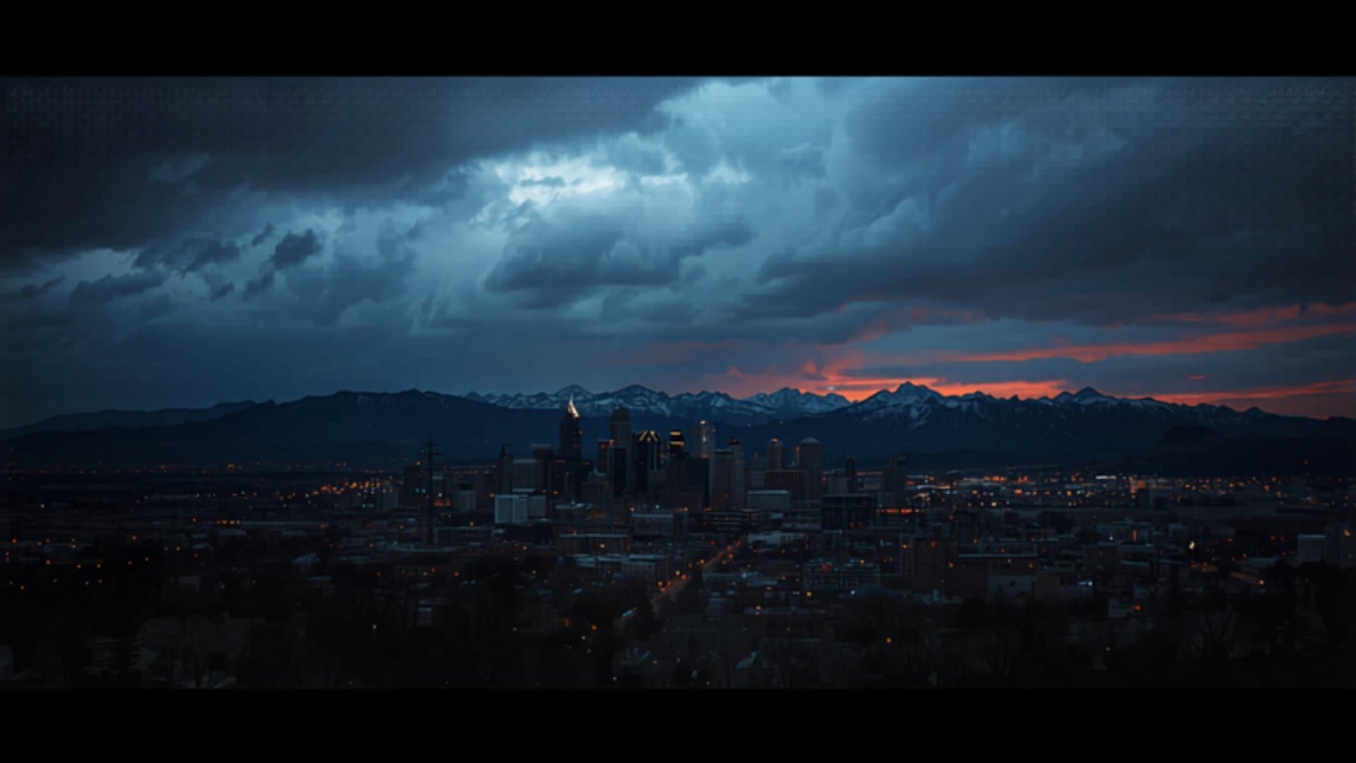 Denver Colorado skyline with Rocky Mountains in the background at sunset