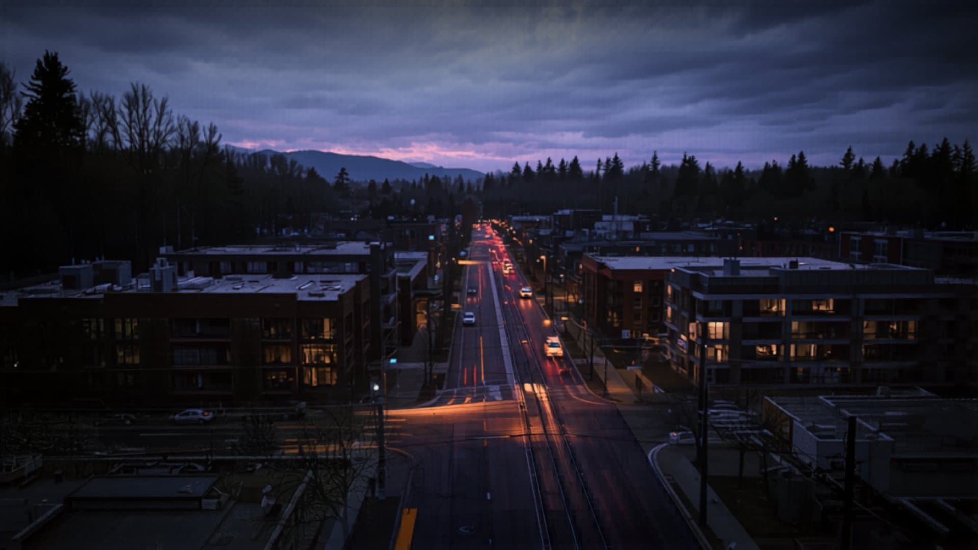 Hillsboro Oregon downtown area at dusk with tech campus buildings in background
